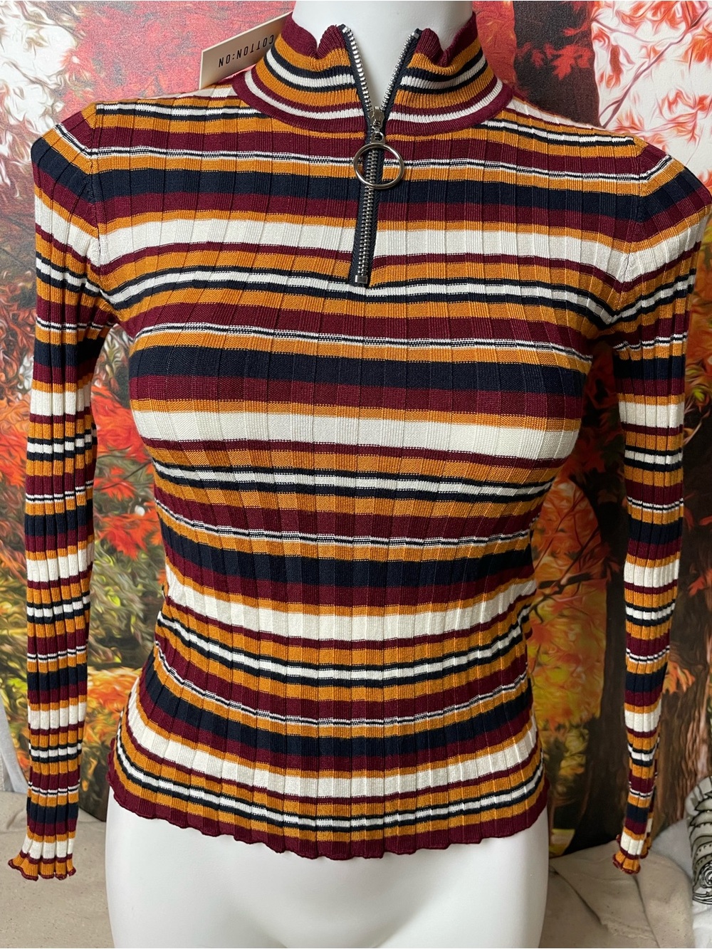 Cotton On Burgundy, Mustard & Navy Striped Ribbed Half-Zip Top